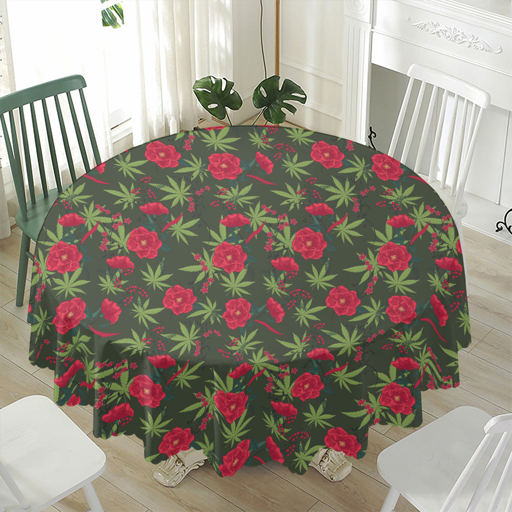 Hemp Leaves And Flowers Pattern Print Waterproof Round Tablecloth