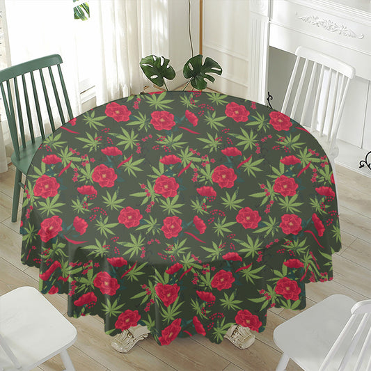 Hemp Leaves And Flowers Pattern Print Waterproof Round Tablecloth
