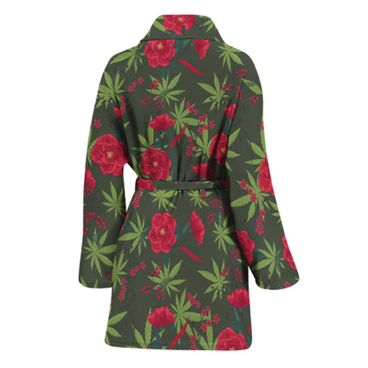 Hemp Leaves And Flowers Pattern Print Women's Bathrobe