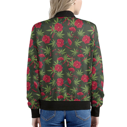 Hemp Leaves And Flowers Pattern Print Women's Bomber Jacket