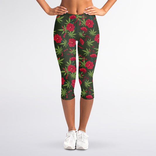 Hemp Leaves And Flowers Pattern Print Women's Capri Leggings