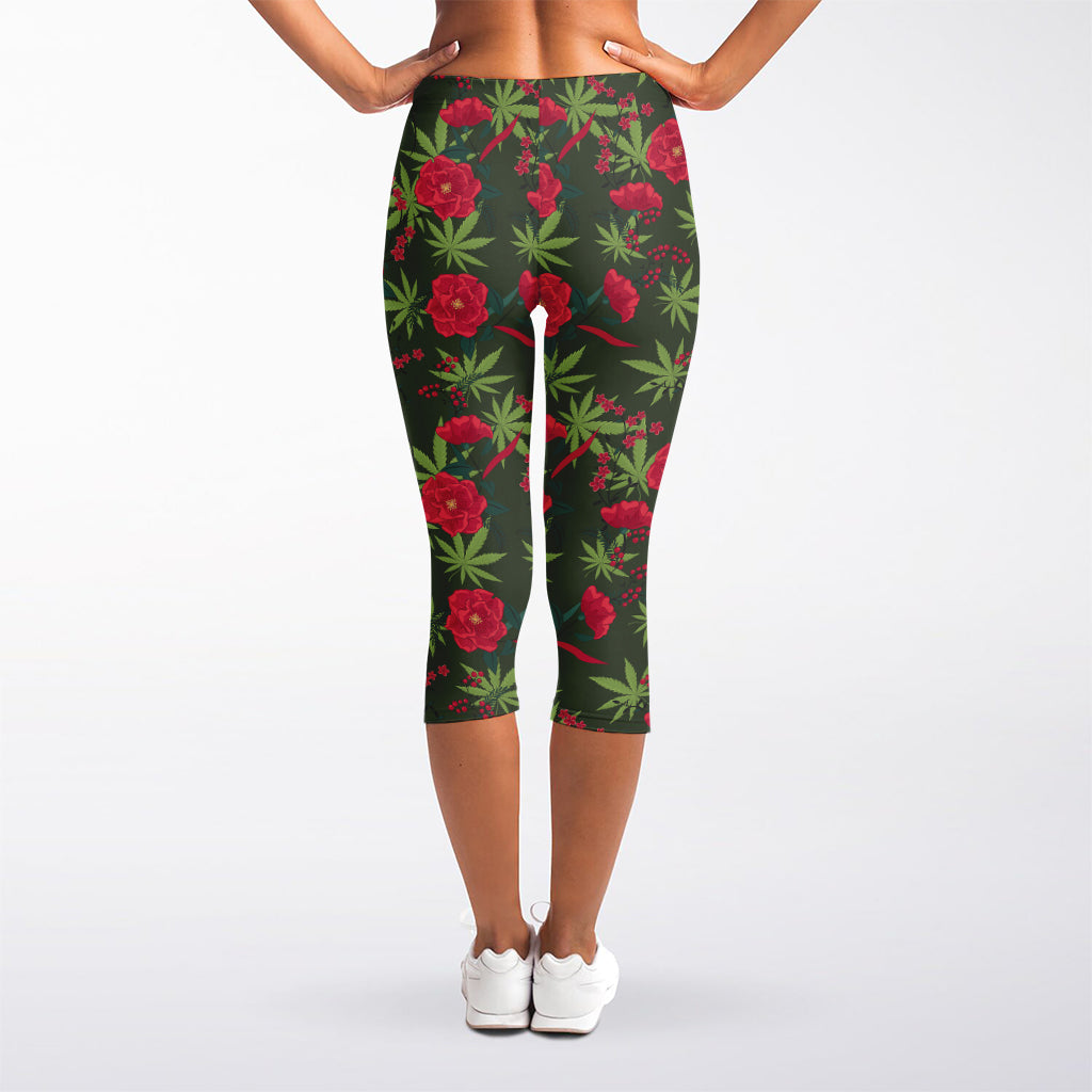 Hemp Leaves And Flowers Pattern Print Women's Capri Leggings