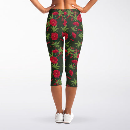 Hemp Leaves And Flowers Pattern Print Women's Capri Leggings