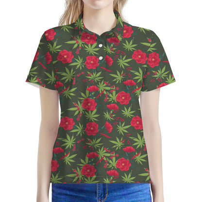 Hemp Leaves And Flowers Pattern Print Women's Polo Shirt
