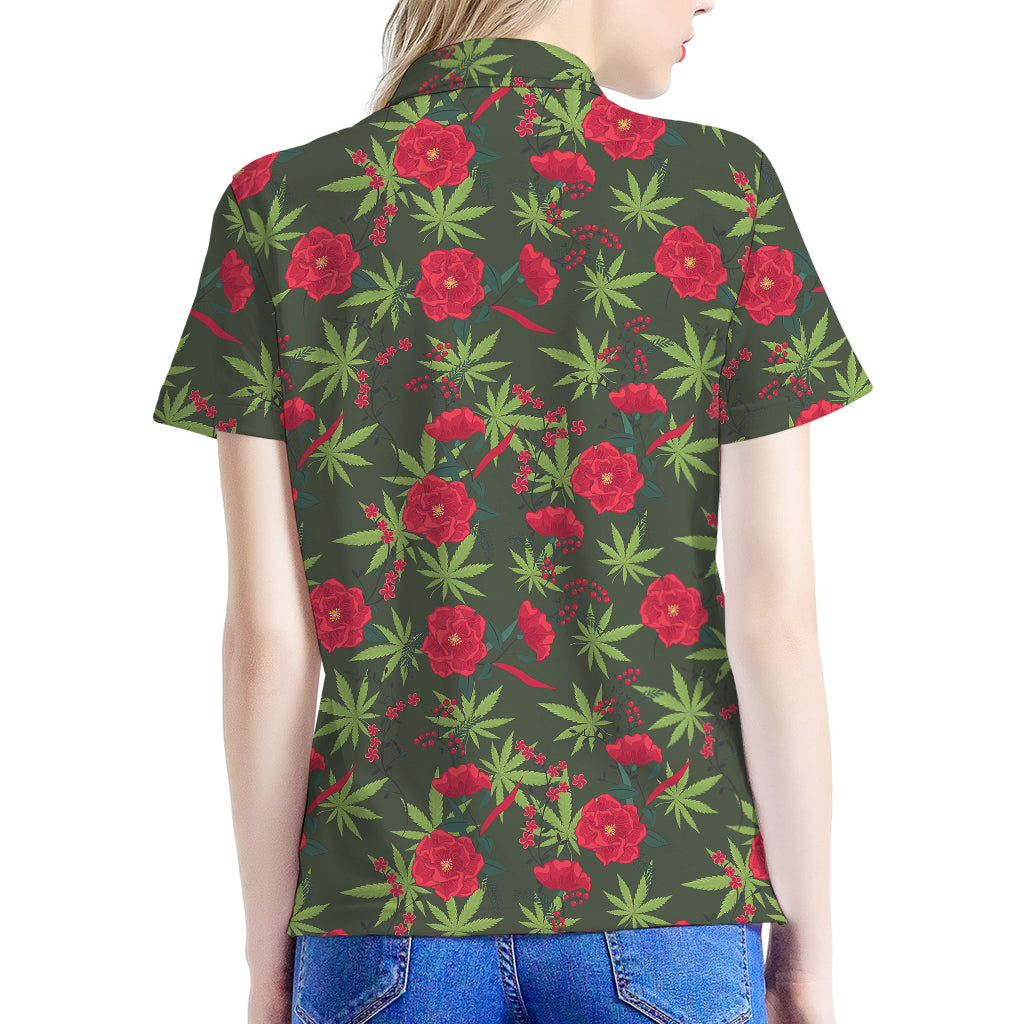 Hemp Leaves And Flowers Pattern Print Women's Polo Shirt