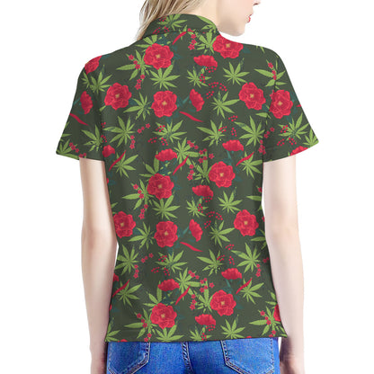 Hemp Leaves And Flowers Pattern Print Women's Polo Shirt