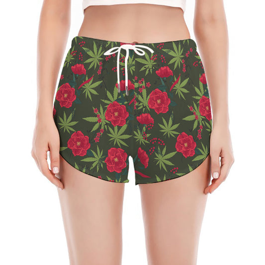 Hemp Leaves And Flowers Pattern Print Women's Split Running Shorts