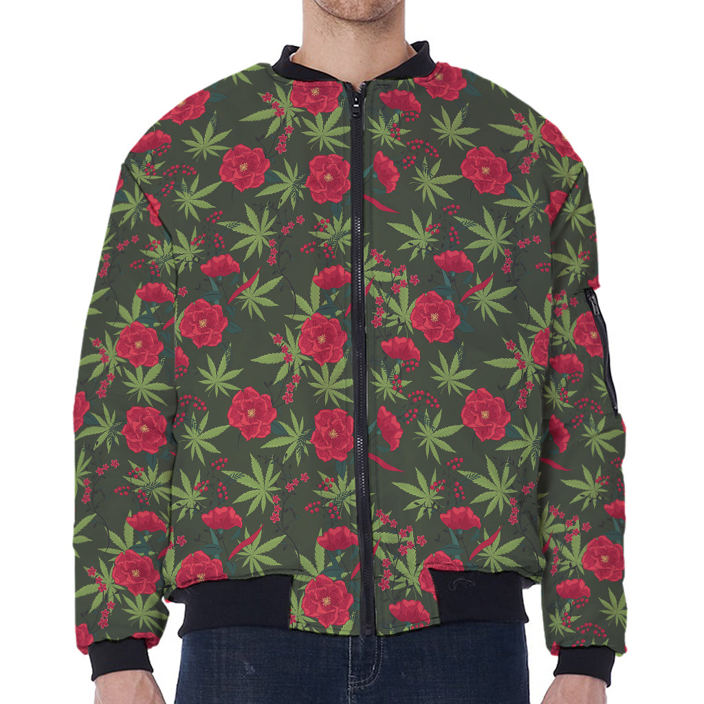 Hemp Leaves And Flowers Pattern Print Zip Sleeve Bomber Jacket