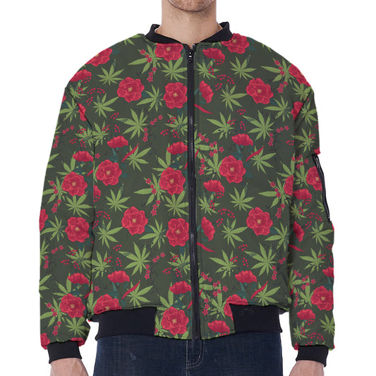 Hemp Leaves And Flowers Pattern Print Zip Sleeve Bomber Jacket