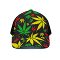 Hemp Leaves Reggae Pattern Print Black Mesh Trucker Hat