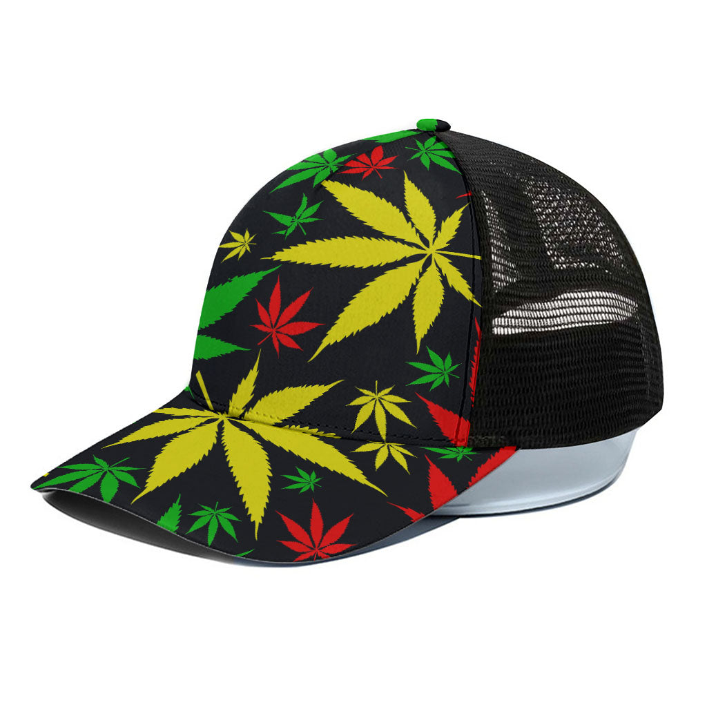 Hemp Leaves Reggae Pattern Print Black Mesh Trucker Cap