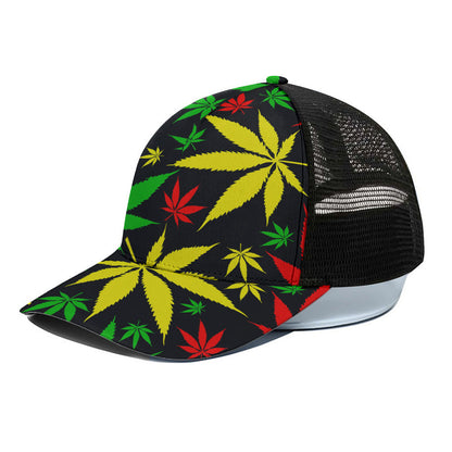 Hemp Leaves Reggae Pattern Print Black Mesh Trucker Cap