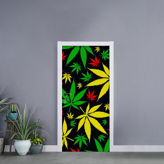 Hemp Leaves Reggae Pattern Print Door Sticker