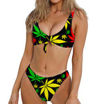Hemp Leaves Reggae Pattern Print Front Bow Tie Bikini