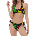 Hemp Leaves Reggae Pattern Print Halter Scoop Tie Side Bikini