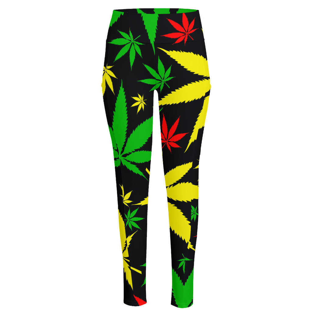 Hemp Leaves Reggae Pattern Print High-Waisted Pocket Leggings