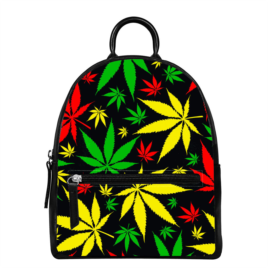 Hemp Leaves Reggae Pattern Print Leather Backpack