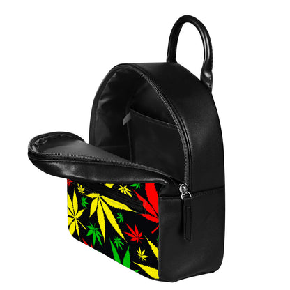 Hemp Leaves Reggae Pattern Print Leather Backpack