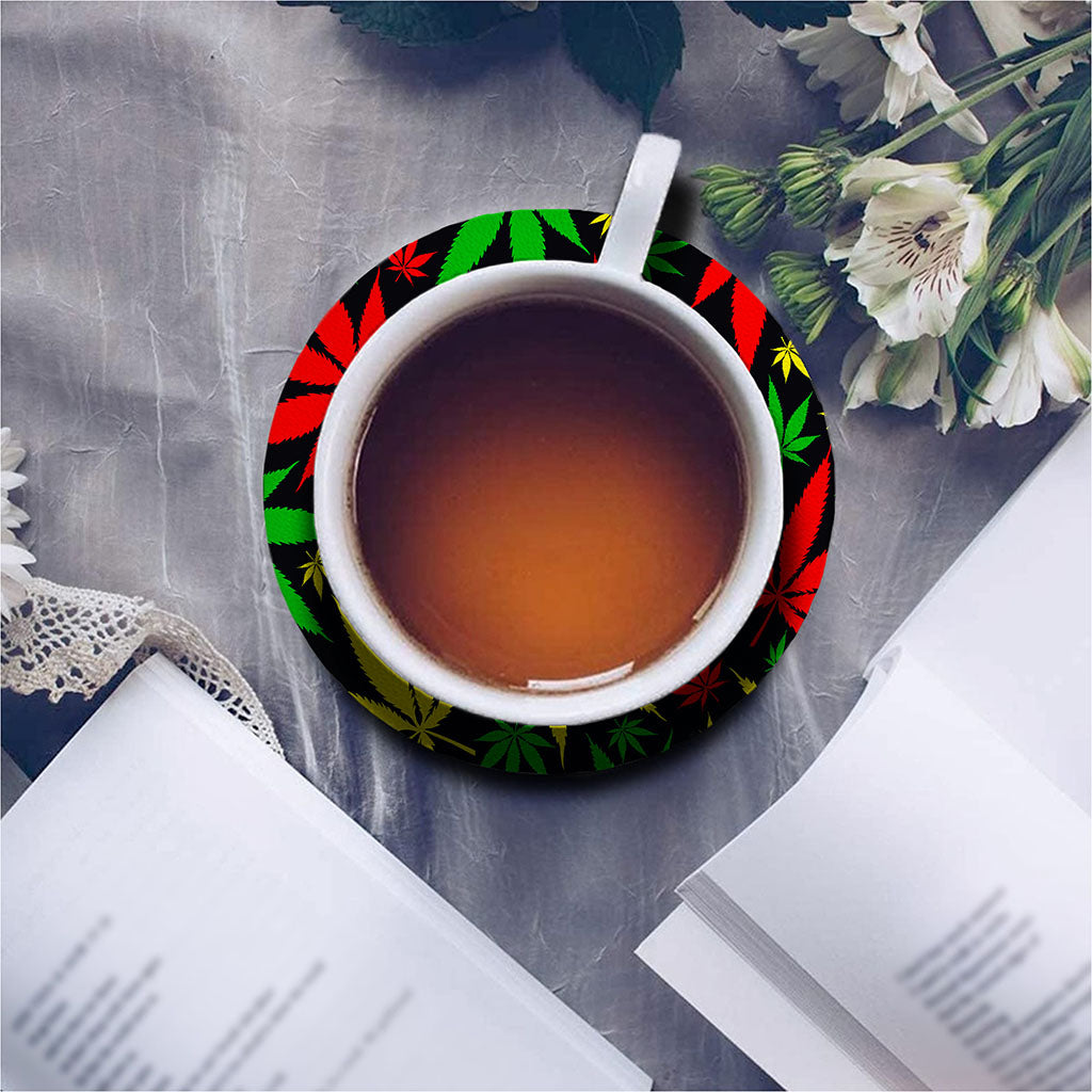 Hemp Leaves Reggae Pattern Print Leather Coaster Set