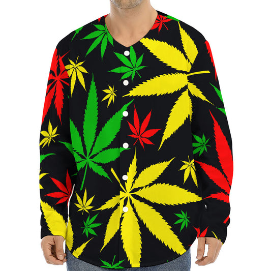 Hemp Leaves Reggae Pattern Print Long Sleeve Baseball Jersey