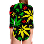 Hemp Leaves Reggae Pattern Print Long Sleeve Swimsuit