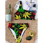 Hemp Leaves Reggae Pattern Print One Shoulder Bikini Top