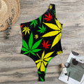 Hemp Leaves Reggae Pattern Print One Shoulder Bodysuit