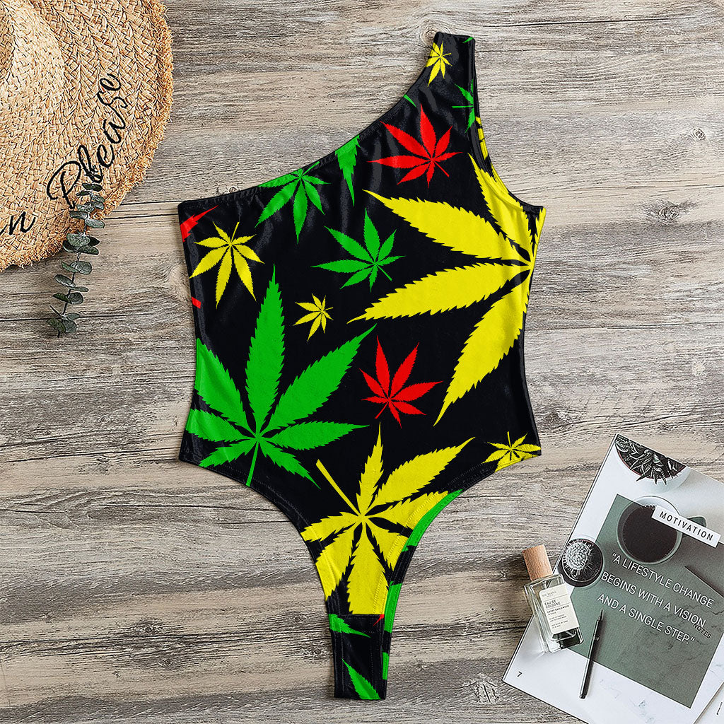 Hemp Leaves Reggae Pattern Print One Shoulder Bodysuit