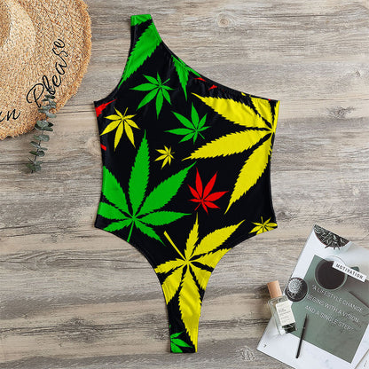 Hemp Leaves Reggae Pattern Print One Shoulder Bodysuit