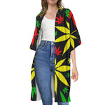 Hemp Leaves Reggae Pattern Print Open Front Beach Cover Up