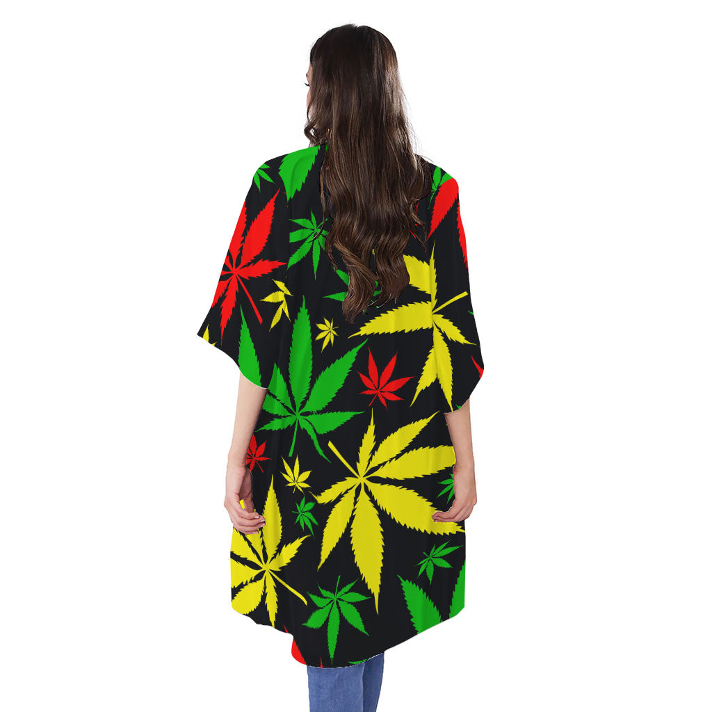 Hemp Leaves Reggae Pattern Print Open Front Beach Cover Up