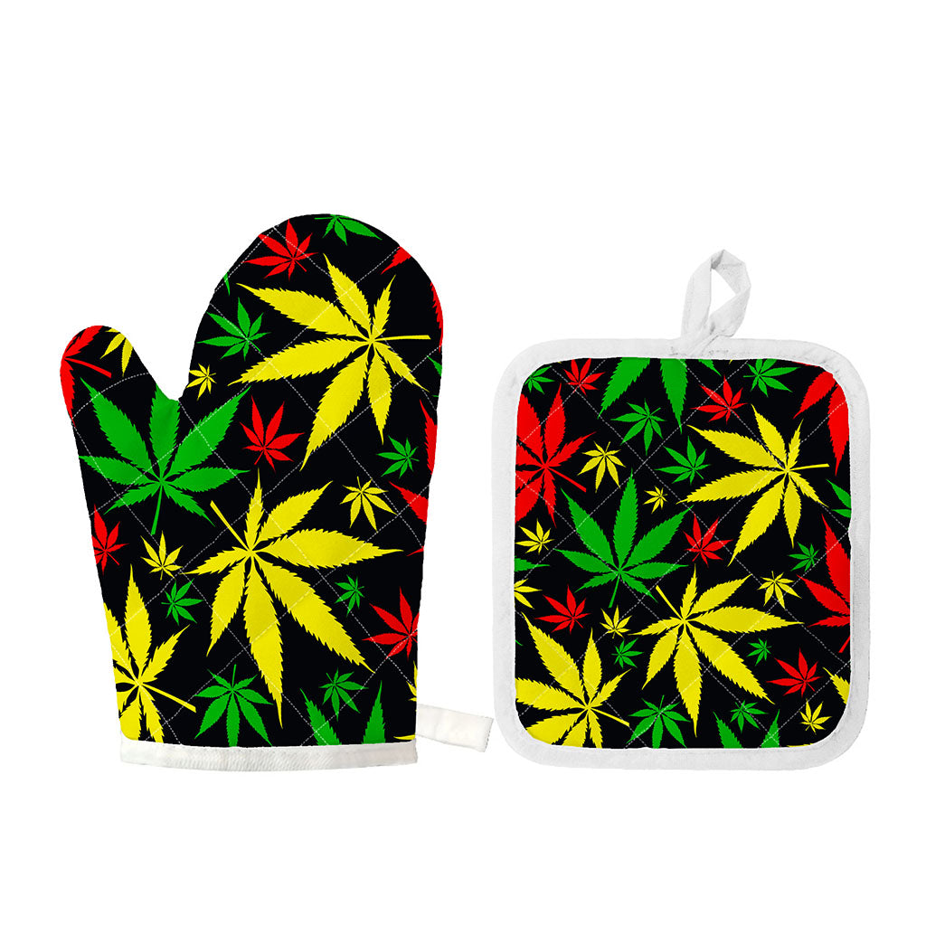 Hemp Leaves Reggae Pattern Print Oven Mitt And Pot Holder Set