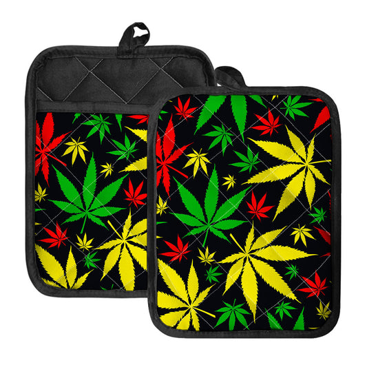 Hemp Leaves Reggae Pattern Print Pot Holders With Pocket