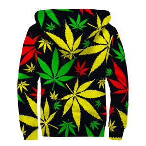 Hemp Leaves Reggae Pattern Print Sherpa Lined Zip Up Hoodie