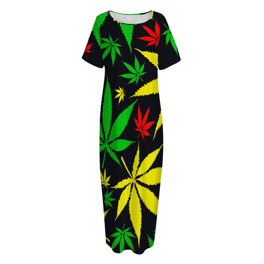 Hemp Leaves Reggae Pattern Print Short Sleeve Long Nightdress