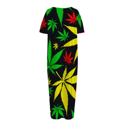 Hemp Leaves Reggae Pattern Print Short Sleeve Long Nightdress
