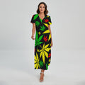 Hemp Leaves Reggae Pattern Print Short Sleeve Maxi Dress
