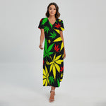 Hemp Leaves Reggae Pattern Print Short Sleeve Maxi Dress
