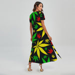 Hemp Leaves Reggae Pattern Print Short Sleeve Maxi Dress