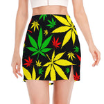 Hemp Leaves Reggae Pattern Print Side Slit Mini Skirt