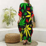 Hemp Leaves Reggae Pattern Print Silk V-Neck Kaftan Dress