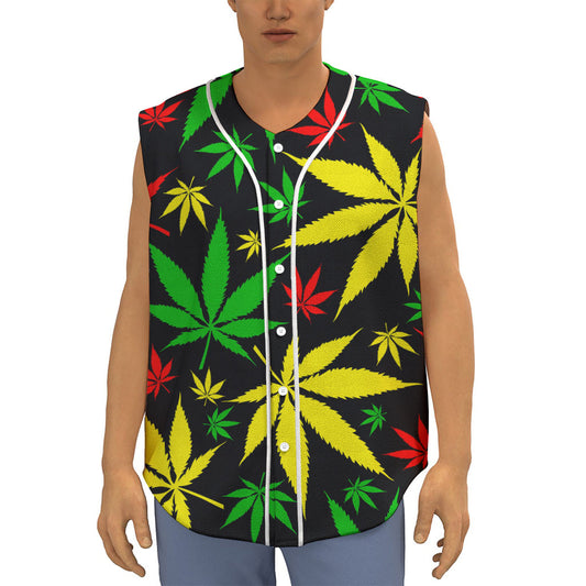 Hemp Leaves Reggae Pattern Print Sleeveless Baseball Jersey