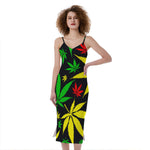 Hemp Leaves Reggae Pattern Print Slim Fit Midi Cami Dress