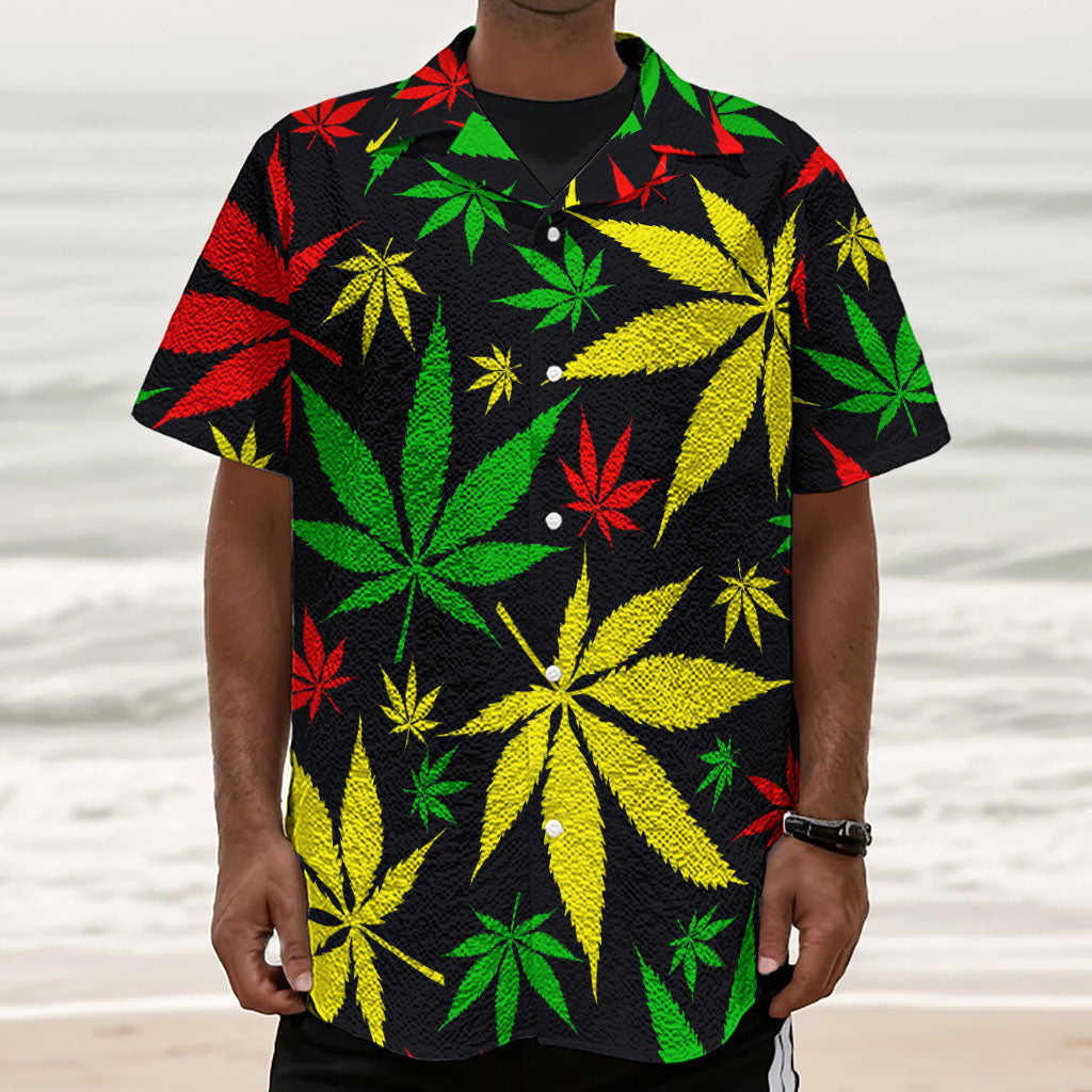 Hemp Leaves Reggae Pattern Print Textured Short Sleeve Shirt