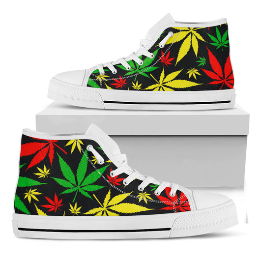 Hemp Leaves Reggae Pattern Print White High Top Sneakers