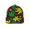 Hemp Leaves Reggae Pattern Print White Mesh Trucker Hat