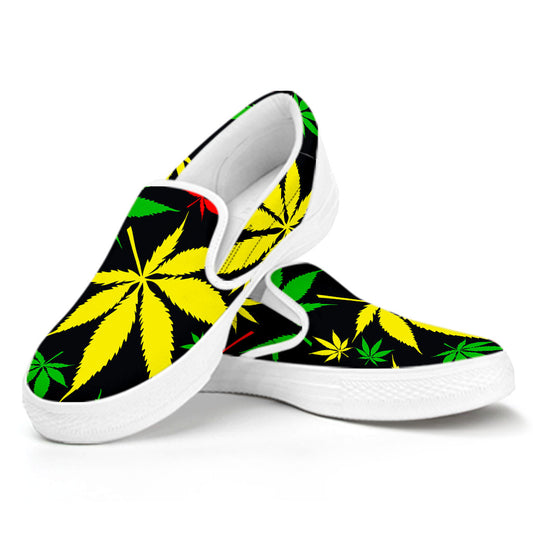 Hemp Leaves Reggae Pattern Print White Slip On Sneakers