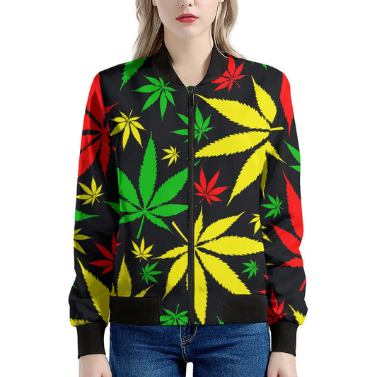 Hemp Leaves Reggae Pattern Print Women's Bomber Jacket