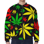 Hemp Leaves Reggae Pattern Print Zip Sleeve Bomber Jacket