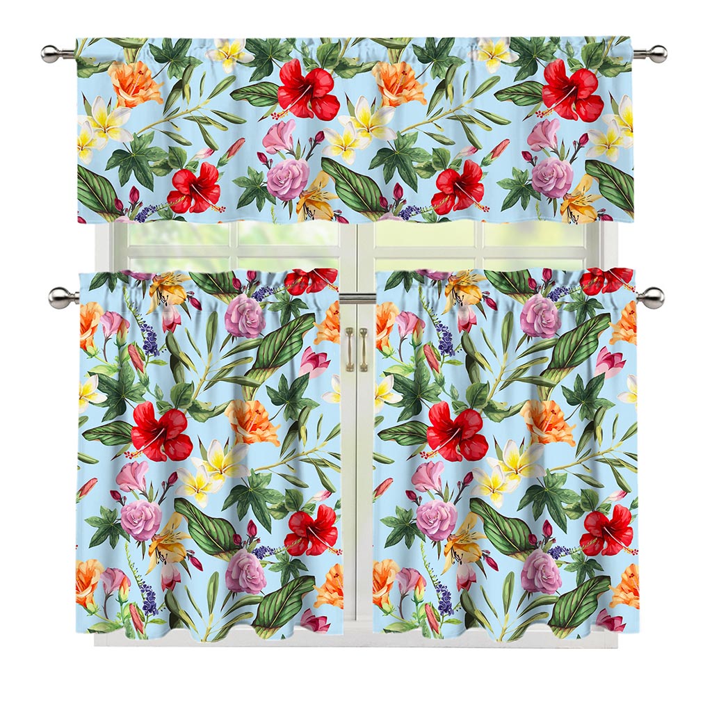 Hibiscus Flower Floral Pattern Print 3 Piece Kitchen Curtains
